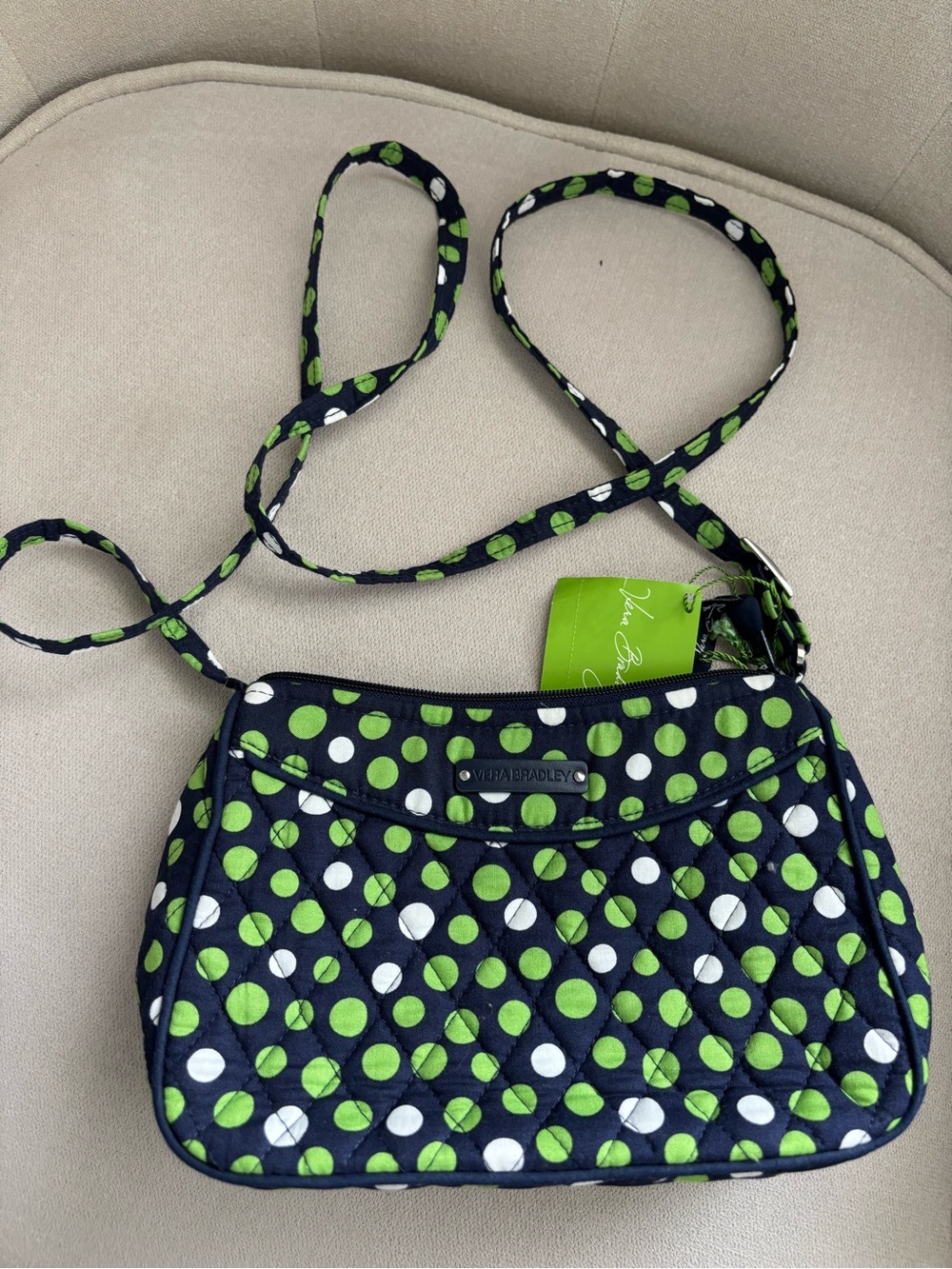 Vera Bradley Navy Crossbody with Green & White Polka Dots